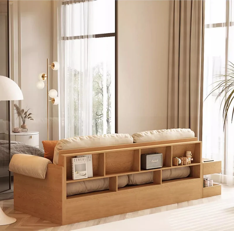 Sofá de tela multifuncional con almacenamiento alto, mesa con reposabrazos y cajones