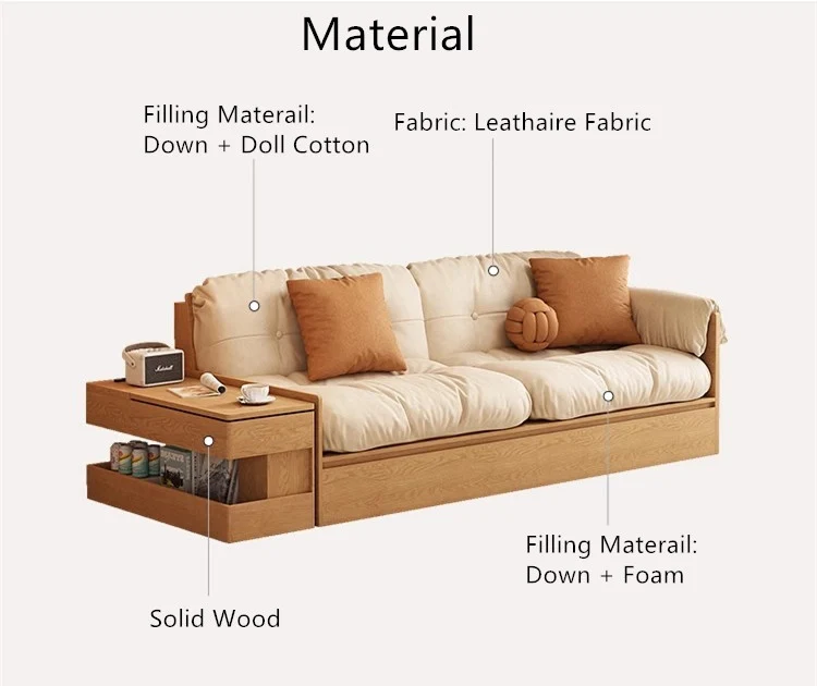 Sofá de tela multifuncional con almacenamiento alto, mesa con reposabrazos y cajones