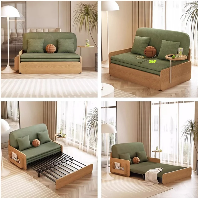 Sofá cama extraíble estilo tronco Japandi de tela de pana con reposabrazos giratorio y bandeja de almacenamiento