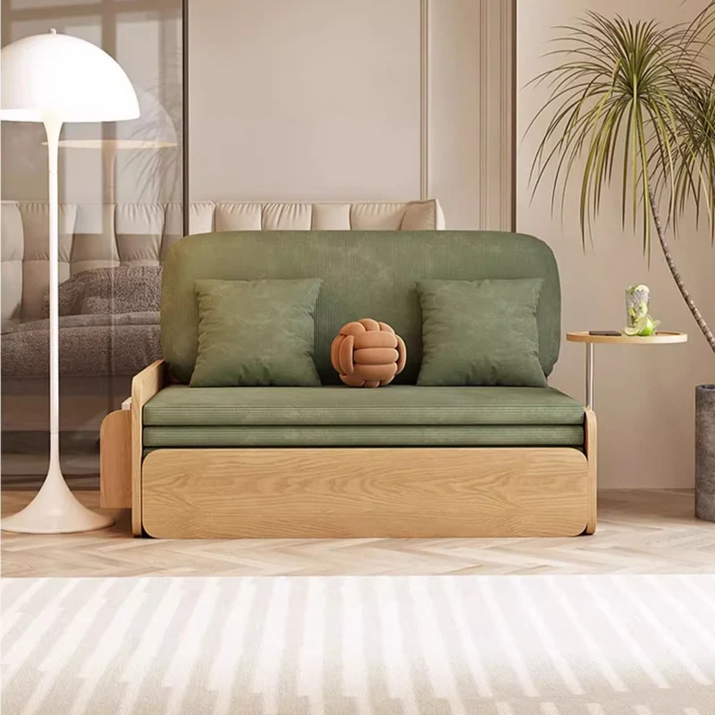 Sofá cama extraíble estilo tronco Japandi de tela de pana con reposabrazos giratorio y bandeja de almacenamiento
