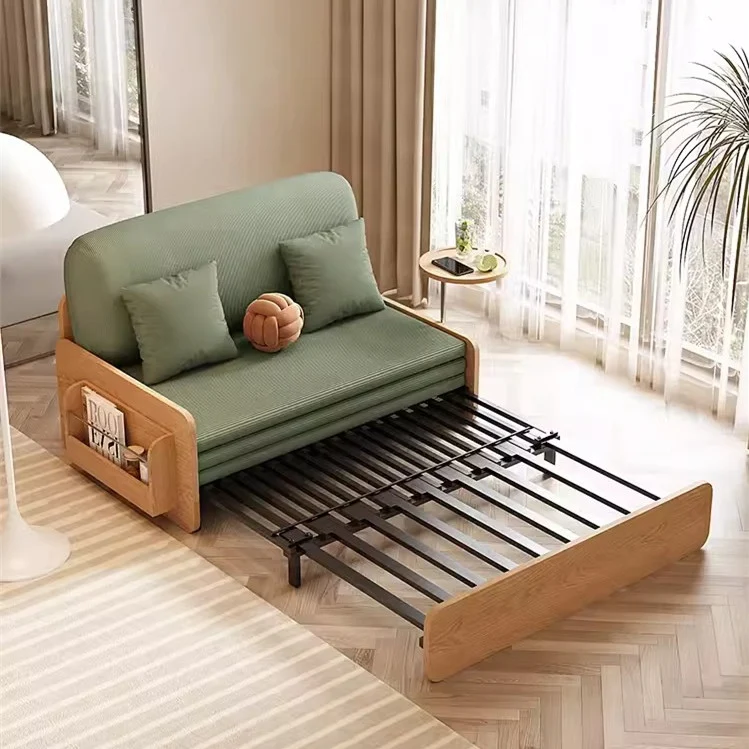Sofá cama extraíble estilo tronco Japandi de tela de pana con reposabrazos giratorio y bandeja de almacenamiento