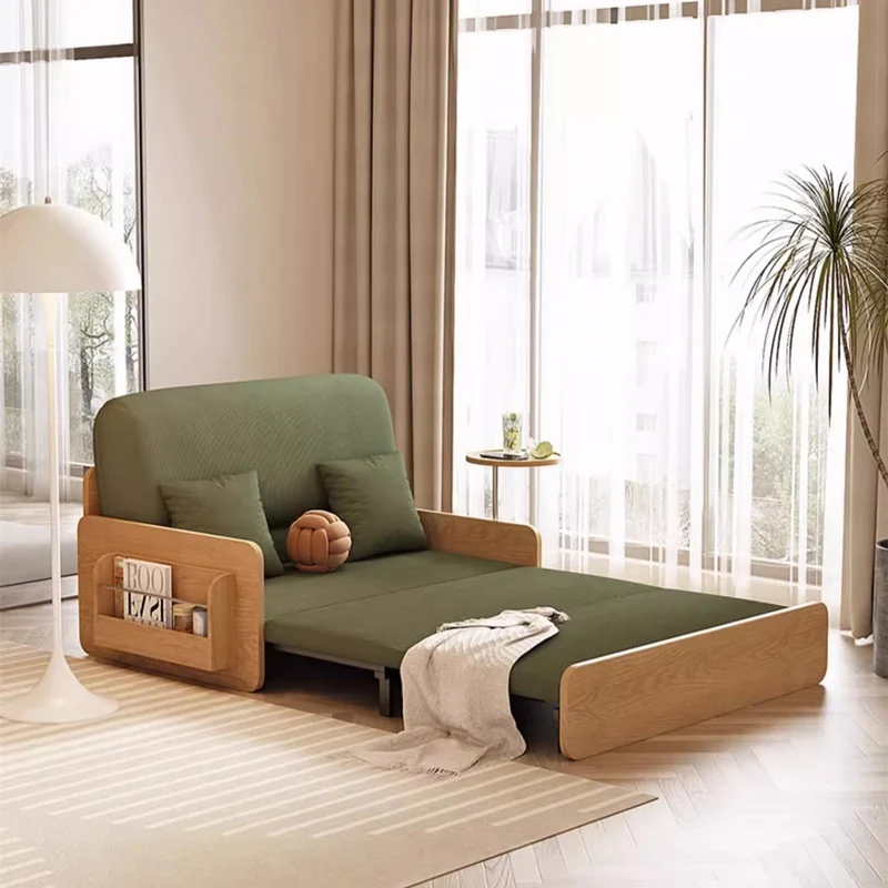 Sofá cama extraíble estilo tronco Japandi de tela de pana con reposabrazos giratorio y bandeja de almacenamiento