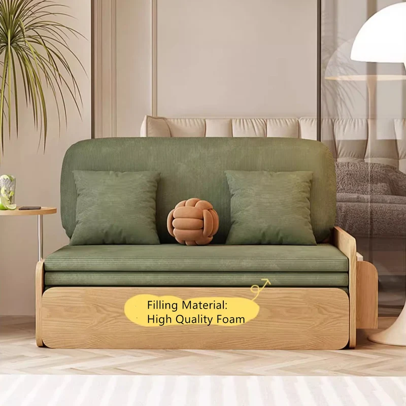 Sofá cama extraíble estilo tronco Japandi de tela de pana con reposabrazos giratorio y bandeja de almacenamiento