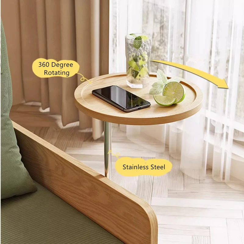 Sofá cama extraíble estilo tronco Japandi de tela de pana con reposabrazos giratorio y bandeja de almacenamiento