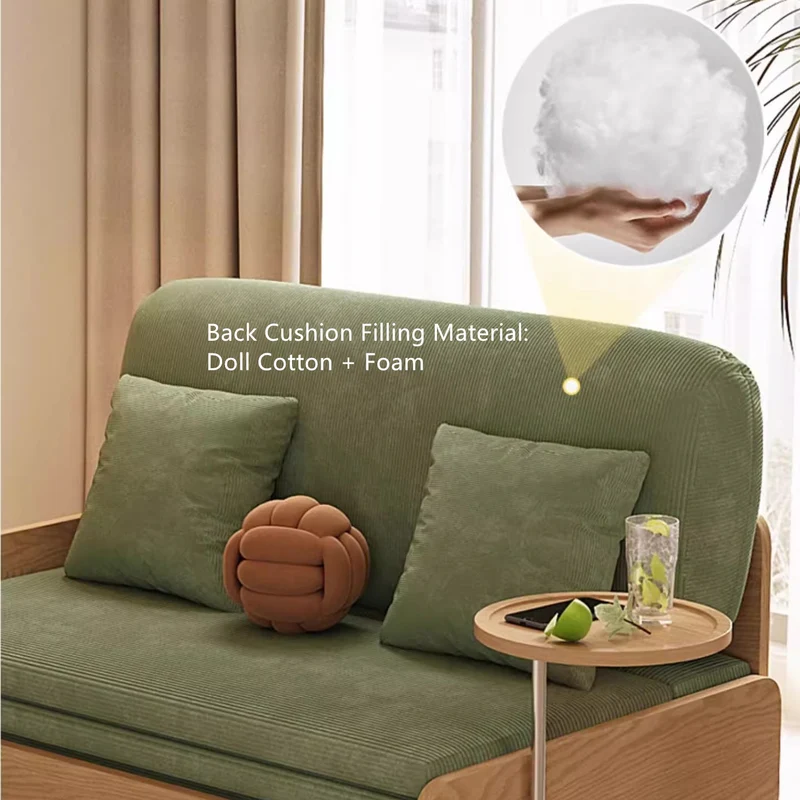 Sofá cama extraíble estilo tronco Japandi de tela de pana con reposabrazos giratorio y bandeja de almacenamiento