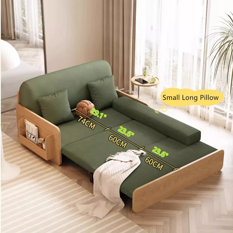 Sofá cama extraíble estilo tronco Japandi de tela de pana con reposabrazos giratorio y bandeja de almacenamiento