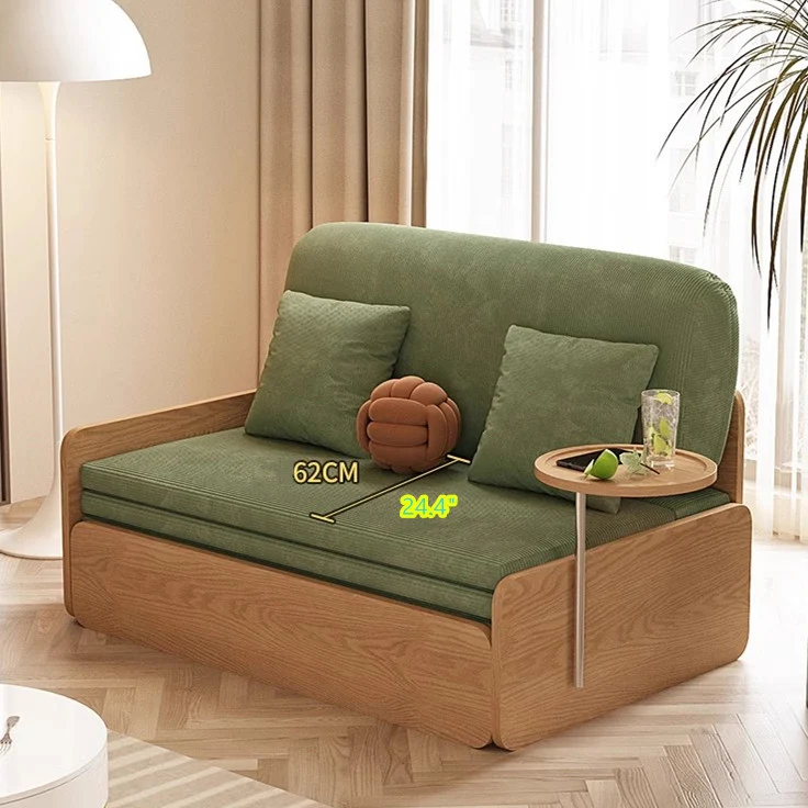 Sofá cama extraíble estilo tronco Japandi de tela de pana con reposabrazos giratorio y bandeja de almacenamiento