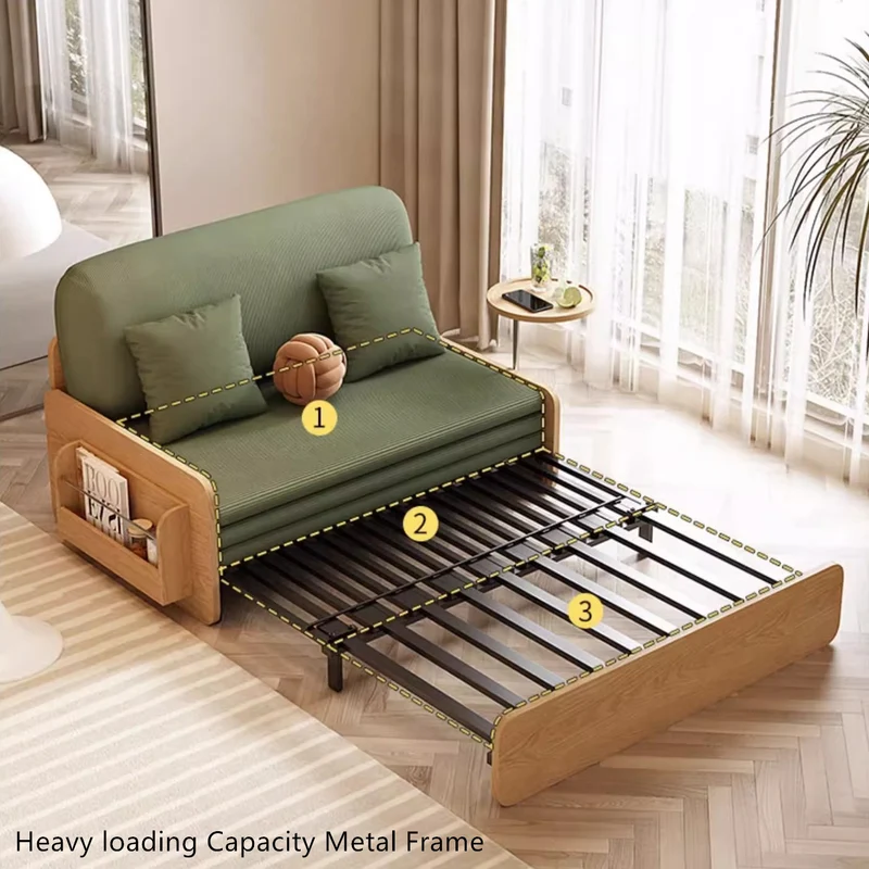 Sofá cama extraíble estilo tronco Japandi de tela de pana con reposabrazos giratorio y bandeja de almacenamiento
