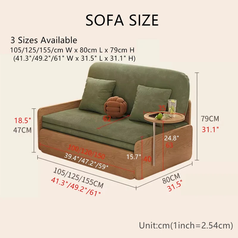 Sofá cama extraíble estilo tronco Japandi de tela de pana con reposabrazos giratorio y bandeja de almacenamiento