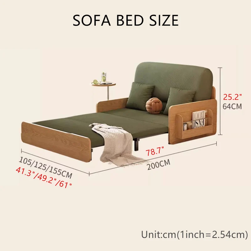 Sofá cama extraíble estilo tronco Japandi de tela de pana con reposabrazos giratorio y bandeja de almacenamiento