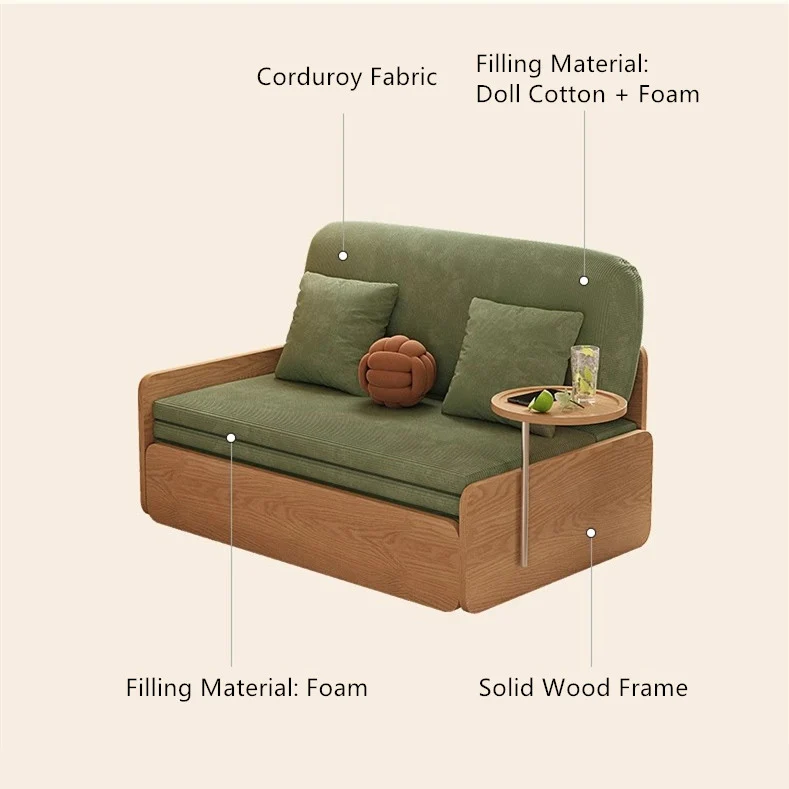 Sofá cama extraíble estilo tronco Japandi de tela de pana con reposabrazos giratorio y bandeja de almacenamiento