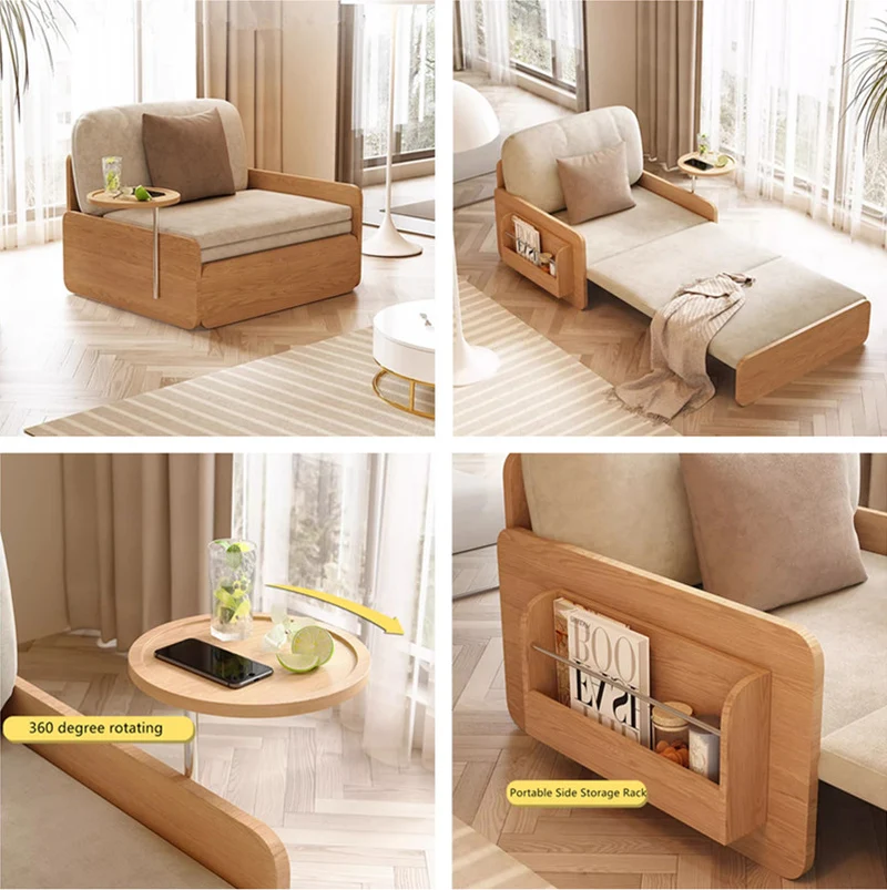 Sofá cama extraíble estilo tronco Japandi con bandeja giratoria para reposabrazos y almacenamiento