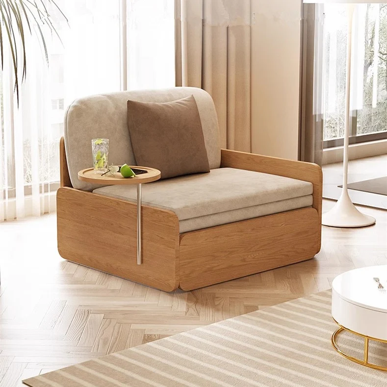 Sofá cama extraíble estilo tronco Japandi con bandeja giratoria para reposabrazos y almacenamiento