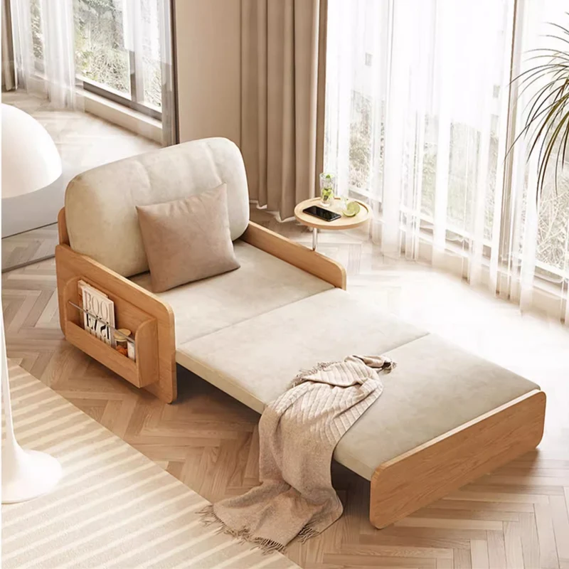 Sofá cama extraíble estilo tronco Japandi con bandeja giratoria para reposabrazos y almacenamiento