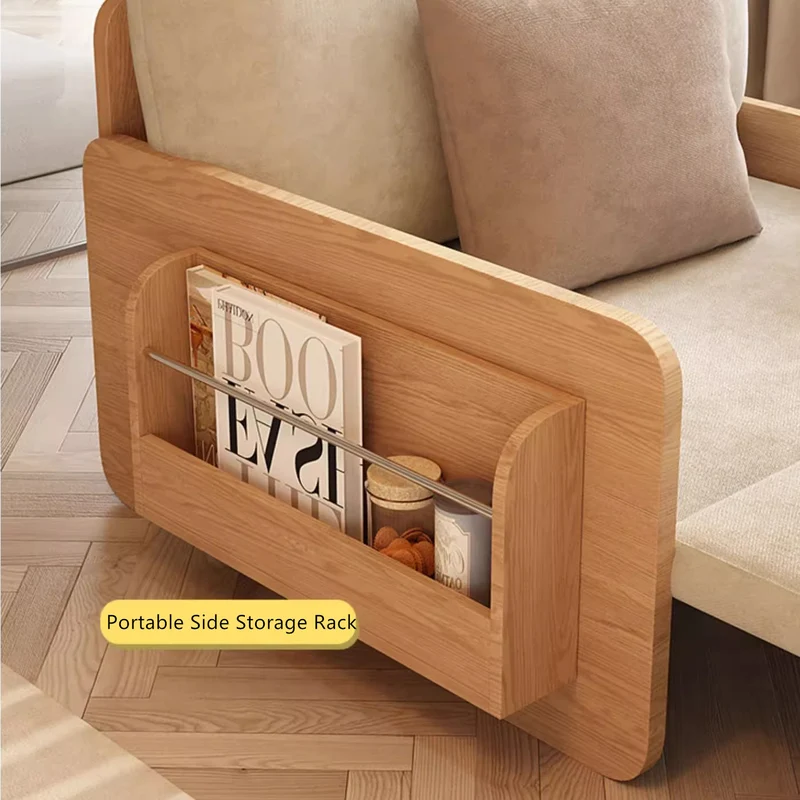 Sofá cama extraíble estilo tronco Japandi con bandeja giratoria para reposabrazos y almacenamiento