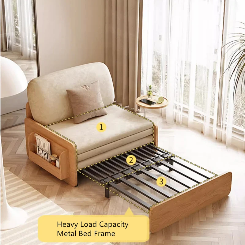 Sofá cama extraíble estilo tronco Japandi con bandeja giratoria para reposabrazos y almacenamiento