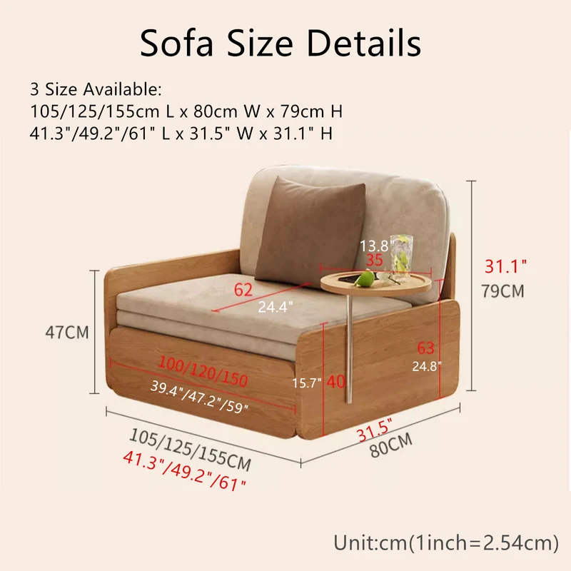 Sofá cama extraíble estilo tronco Japandi con bandeja giratoria para reposabrazos y almacenamiento