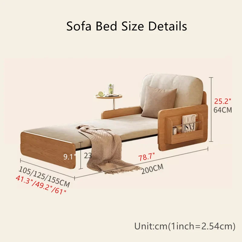 Sofá cama extraíble estilo tronco Japandi con bandeja giratoria para reposabrazos y almacenamiento