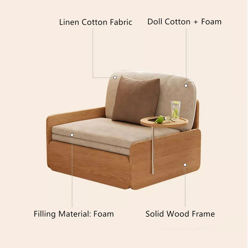 Sofá cama extraíble estilo tronco Japandi con bandeja giratoria para reposabrazos y almacenamiento