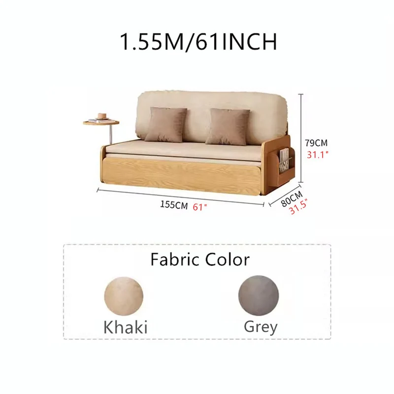 Sofá cama extraíble estilo tronco Japandi con bandeja giratoria para reposabrazos y almacenamiento