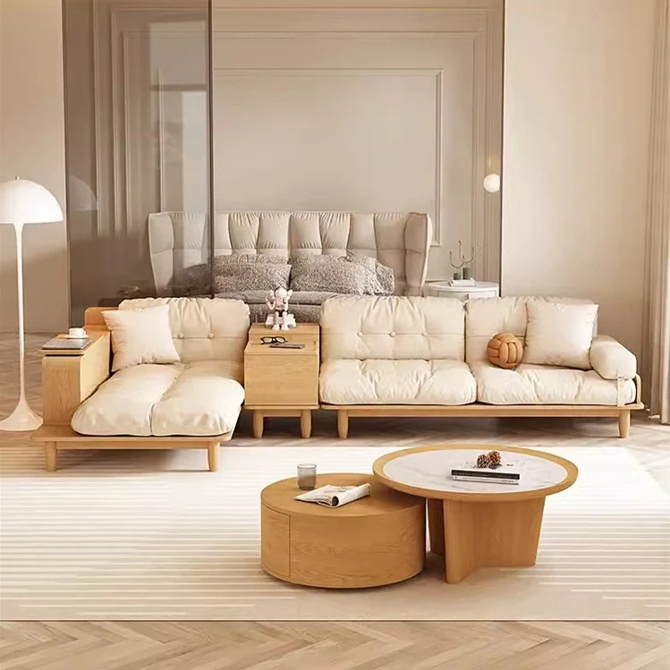 Sofá Japandi de madera maciza con bandeja con reposabrazos giratorio y mesa auxiliar elevable
