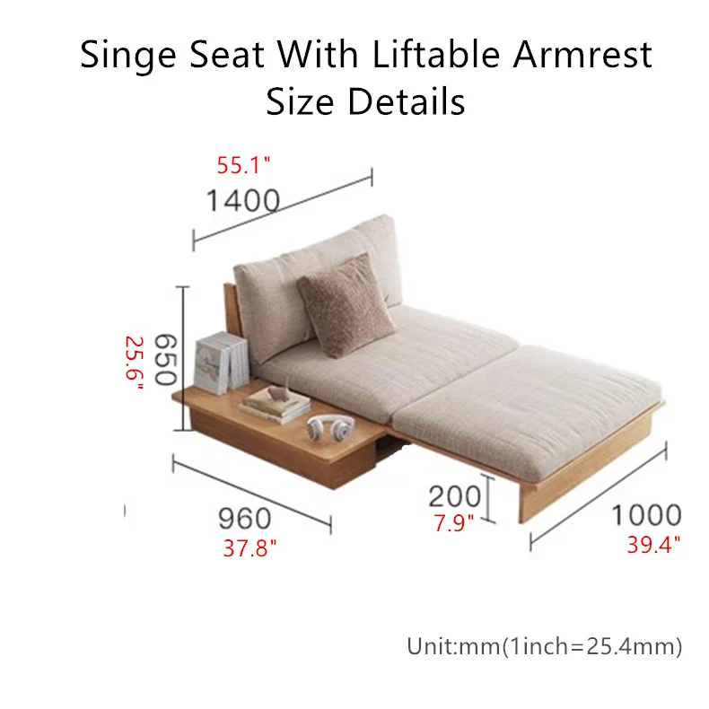 Sofá cama de madera maciza Japandi con caja de almacenamiento con reposabrazos elevable
