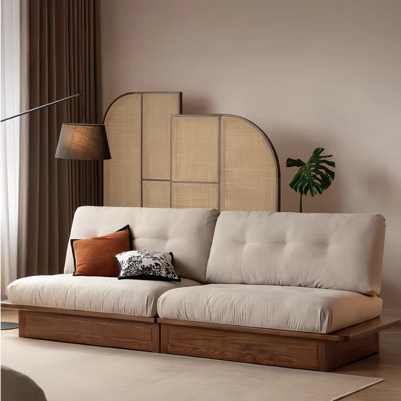 Sofá Japandi con estructura de madera maciza de roble y amplio espacio de almacenamiento debajo del asiento