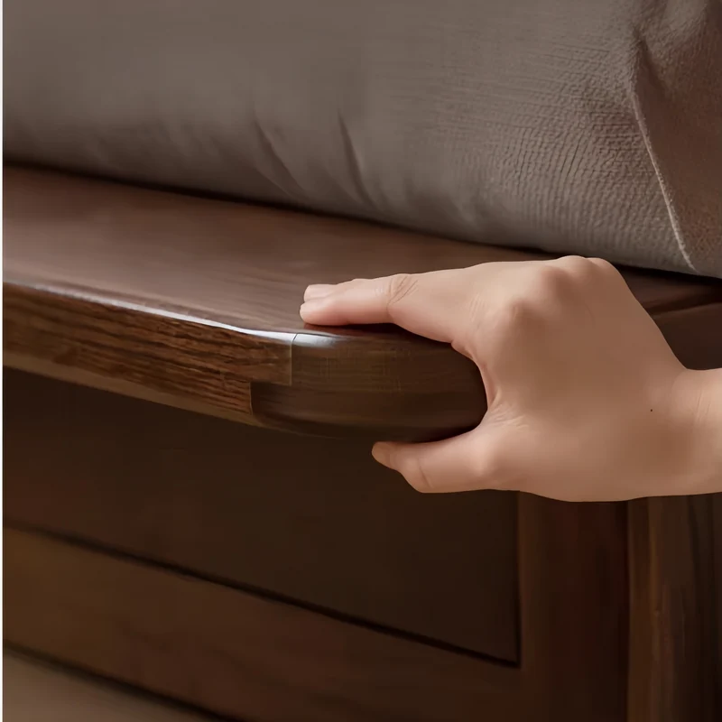 Sofá Japandi con estructura de madera maciza de roble y amplio espacio de almacenamiento debajo del asiento