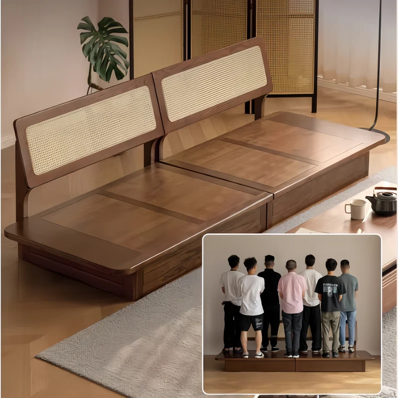 Sofá Japandi con estructura de madera maciza de roble y amplio espacio de almacenamiento debajo del asiento