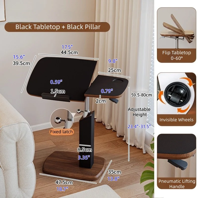 Mesa auxiliar giratoria abatible de altura ajustable en forma de C con ruedas invisibles