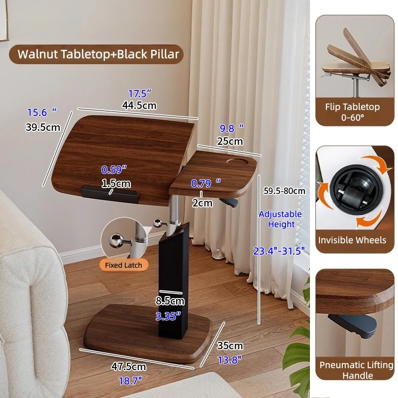 Mesa auxiliar giratoria abatible de altura ajustable en forma de C con ruedas invisibles