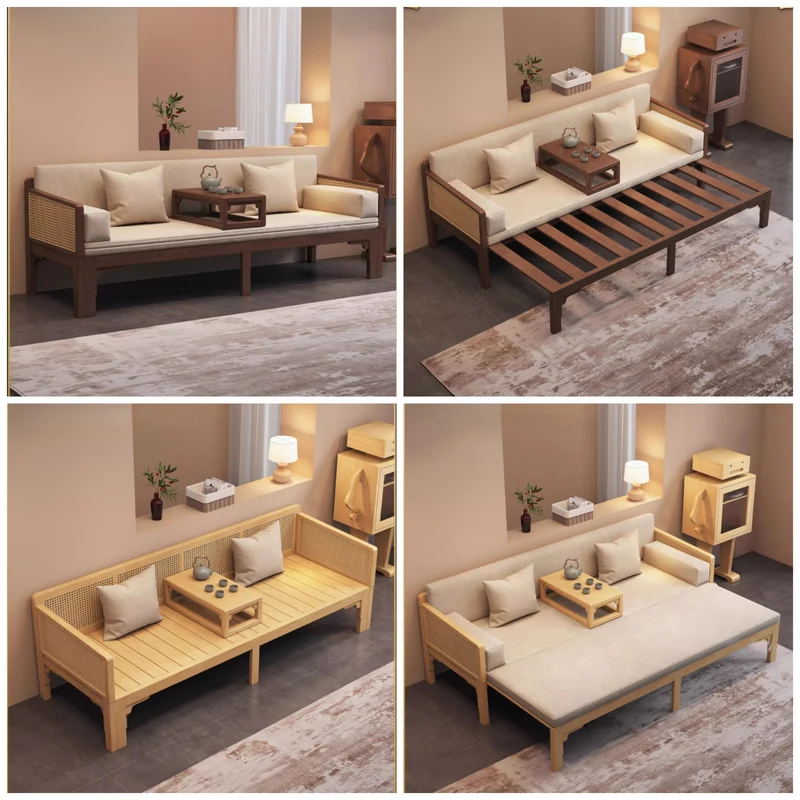 Sofá cama Arhat extraíble con reposabrazos y estructura de madera maciza de ratán tejido