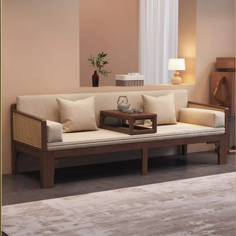 Sofá cama Arhat extraíble con reposabrazos y estructura de madera maciza de ratán tejido
