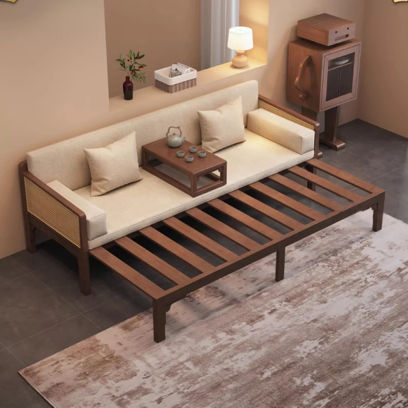 Sofá cama Arhat extraíble con reposabrazos y estructura de madera maciza de ratán tejido