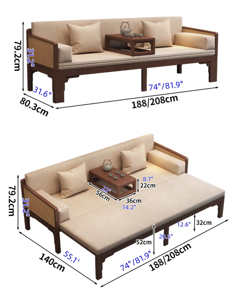Sofá cama Arhat extraíble con reposabrazos y estructura de madera maciza de ratán tejido