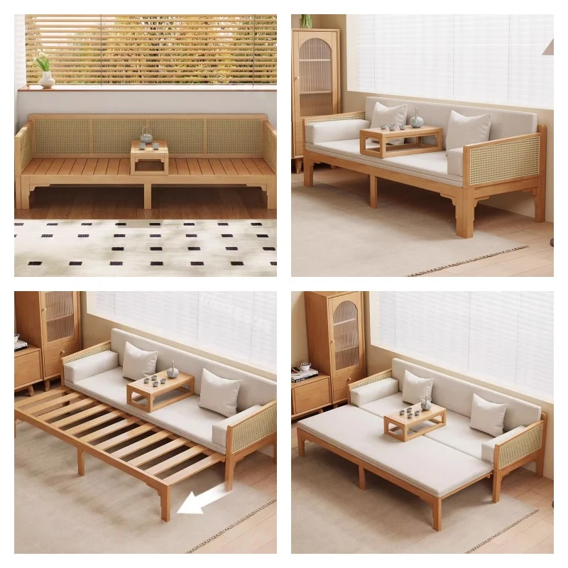 Sofá cama Arhat extraíble con reposabrazos y estructura de madera maciza de ratán tejido