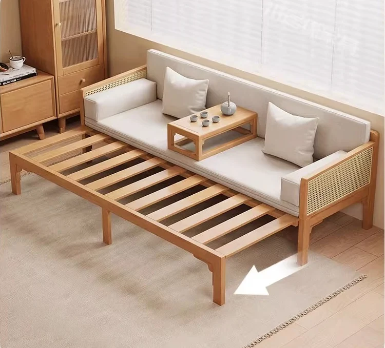 Sofá cama Arhat extraíble con reposabrazos y estructura de madera maciza de ratán tejido