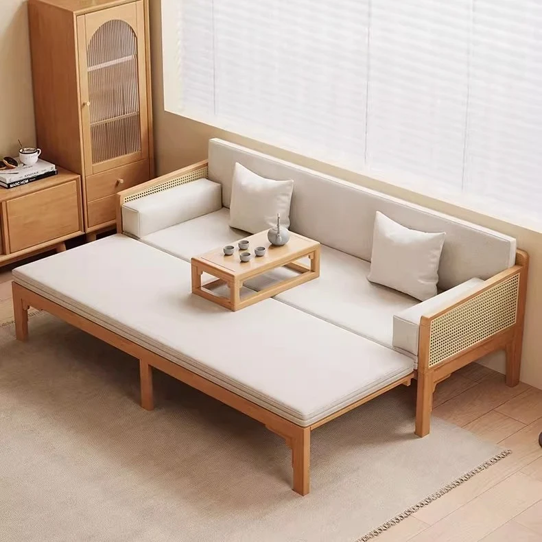 Sofá cama Arhat extraíble con reposabrazos y estructura de madera maciza de ratán tejido