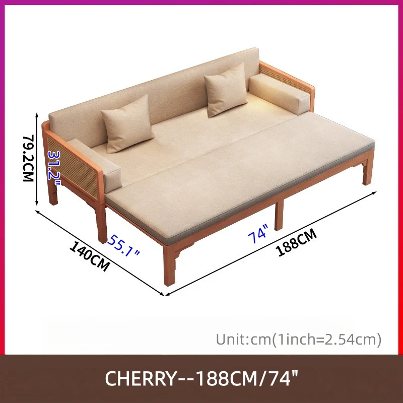 Sofá cama Arhat extraíble con reposabrazos y estructura de madera maciza de ratán tejido