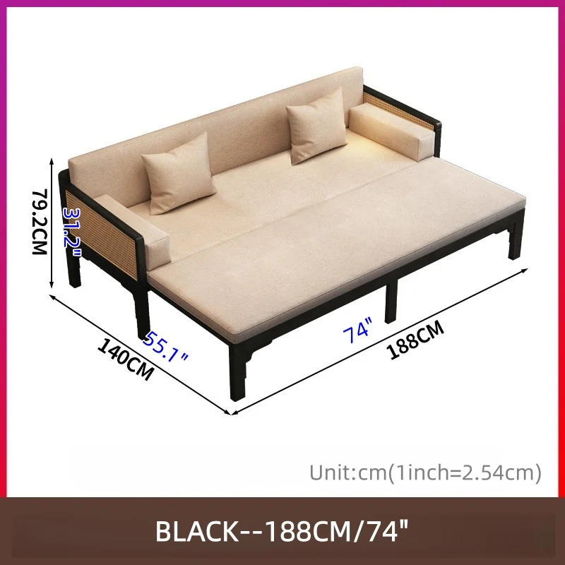 Sofá cama Arhat extraíble con reposabrazos y estructura de madera maciza de ratán tejido