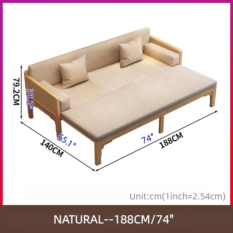 Sofá cama Arhat extraíble con reposabrazos y estructura de madera maciza de ratán tejido