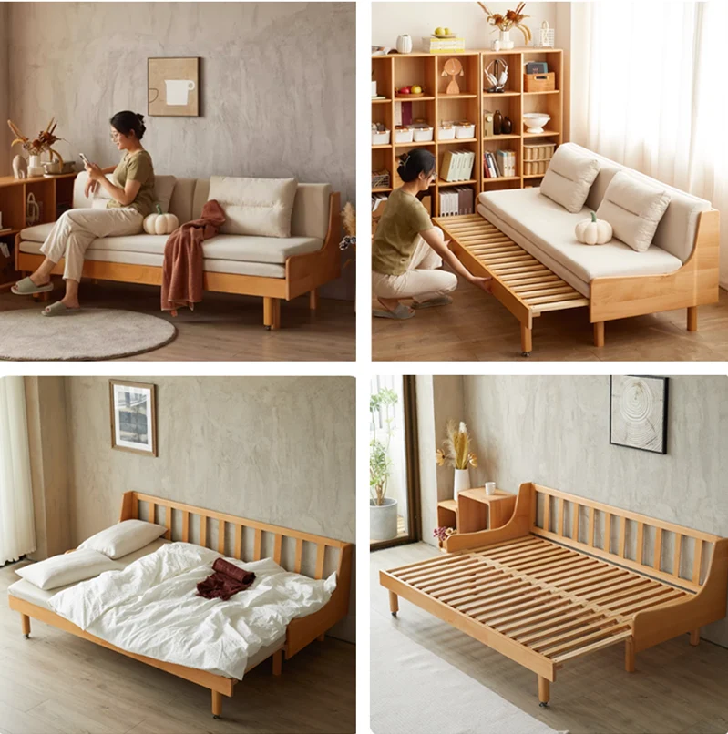 Sofá cama extraíble de madera maciza de haya con estructura de soporte para la espalda