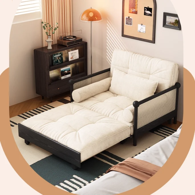 Sofá cama 3 en 1 con reposabrazos de ratán tejido y tapizado en chenilla, con espacio de almacenamiento debajo.