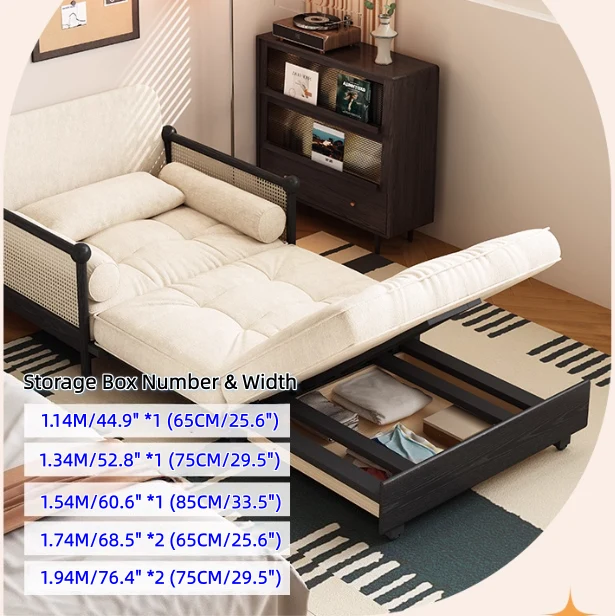 Sofá cama 3 en 1 con reposabrazos de ratán tejido y tapizado en chenilla, con espacio de almacenamiento debajo.