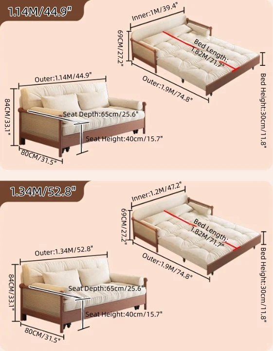 Sofá cama 3 en 1 con reposabrazos de ratán tejido y tapizado en chenilla, con espacio de almacenamiento debajo.