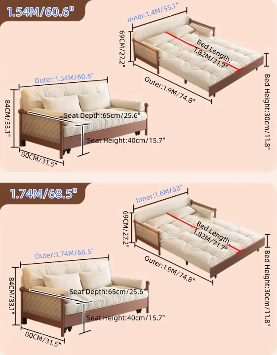 Sofá cama 3 en 1 con reposabrazos de ratán tejido y tapizado en chenilla, con espacio de almacenamiento debajo.