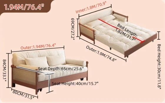 Sofá cama 3 en 1 con reposabrazos de ratán tejido y tapizado en chenilla, con espacio de almacenamiento debajo.