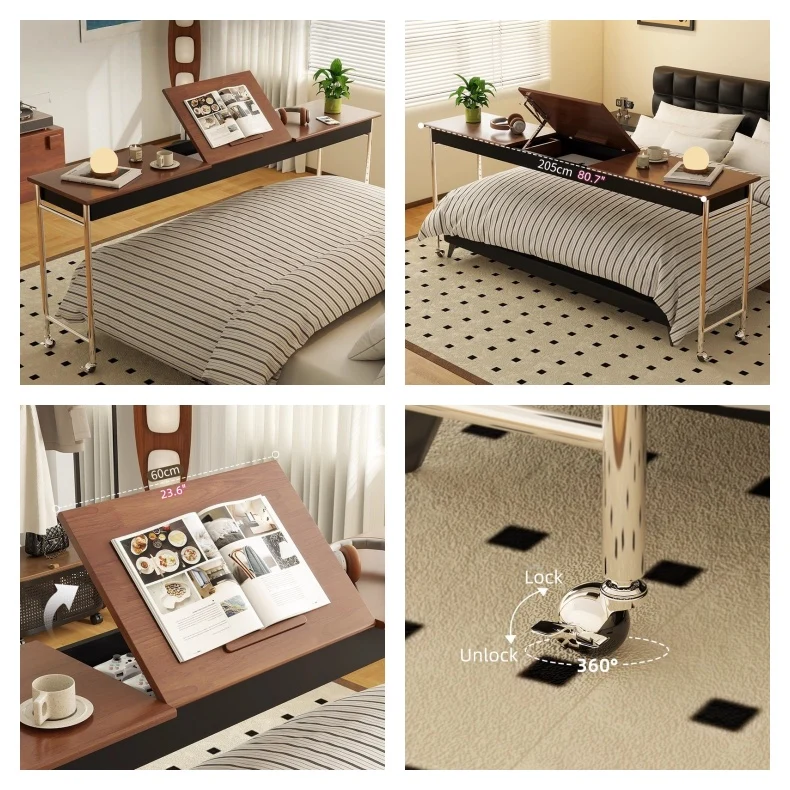 Mesa auxiliar para la cama con tablero inclinable y ruedas universales