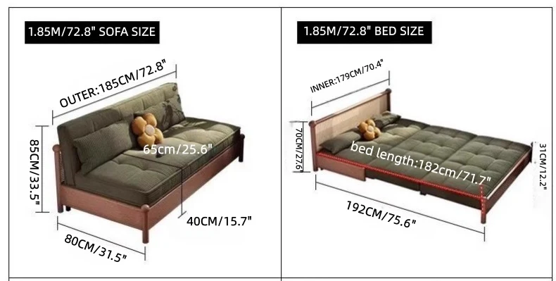 Sofá cama con estructura metálica y tapizado en pana, con espacio de almacenamiento debajo.