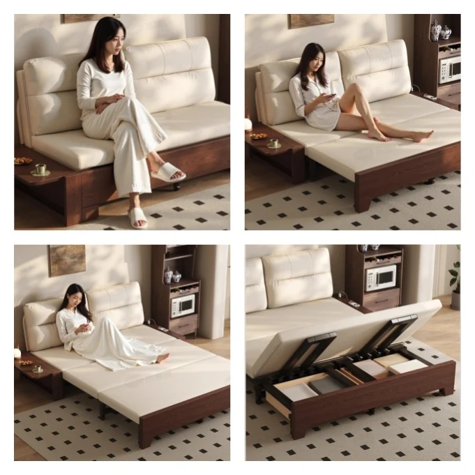 Sofá cama convertible con estructura de metal y madera maciza con almacenamiento oculto